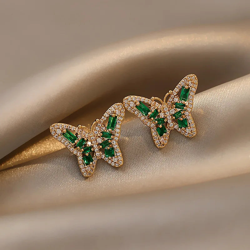 Delicate 925 Silver Post Real 18K Gold Plated Full of Diamond Butterfly Earrings Green Crystal Zircon Butterfly Stud Earrings