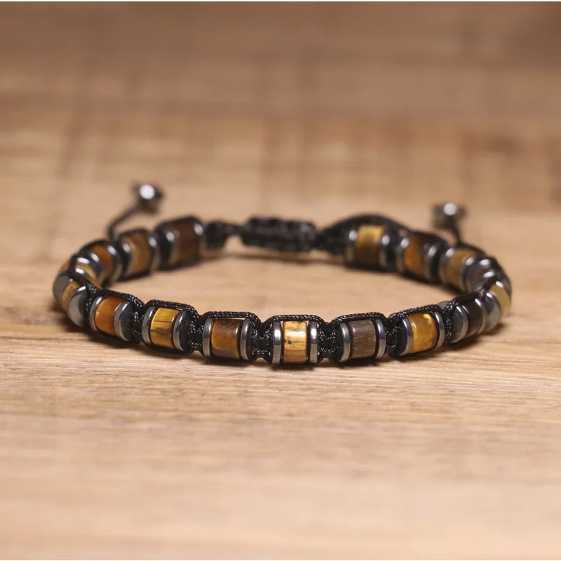 Natural Healing Energy Tiger Eye Stone Bracelet for Men Women Column Tiger Eye Beaded Adjustable Braided Beaded Bracelet Unisex