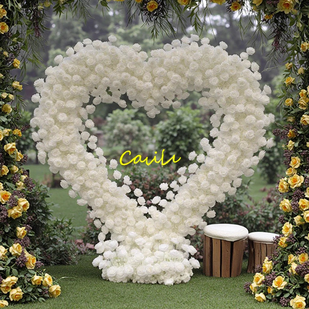 O-X840 Valentine's Day Wedding Backdrops 8ft Heart Flowers Arch With Stand White Red Pink Silk Rose Heart Proposal Flowers Arch