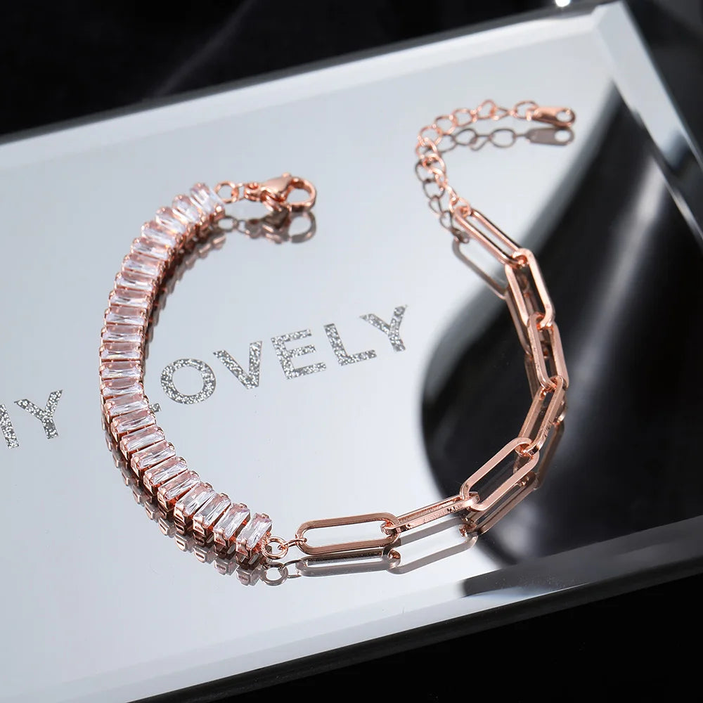 Asymmetric Tennis Bracelet Bangle Women Korean Fashion Paper Clip Hand Chain Zircon Luxury Designer Jewelry Friends Gift LAMOON