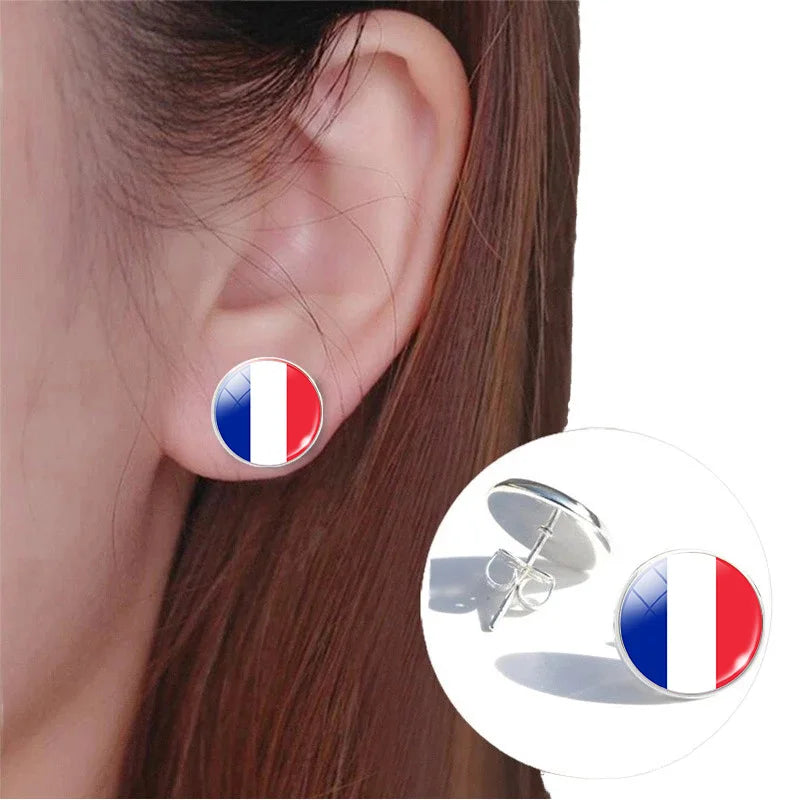 Fashion Flag Earrings Collection | Durable Alloy Studs with Glass Cabochon Dome Customizable Patriotic Jewelry Manufacturer
