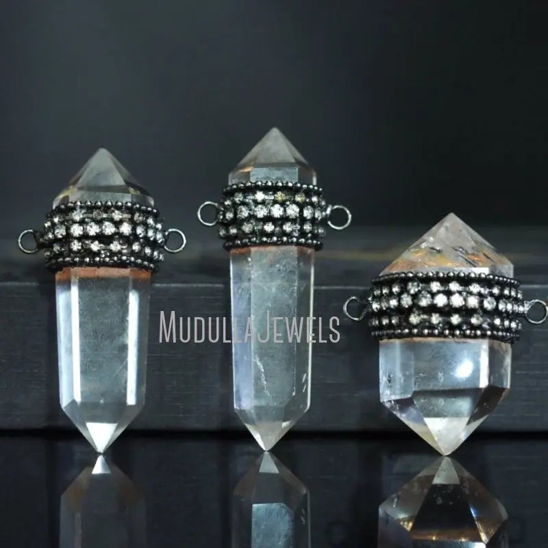 PM44939 Soldered Jewelry Clear Crystal Quartz Double Point Hexagonal Prism Pendant Antique Silver Plated Witchy Wicca Gift