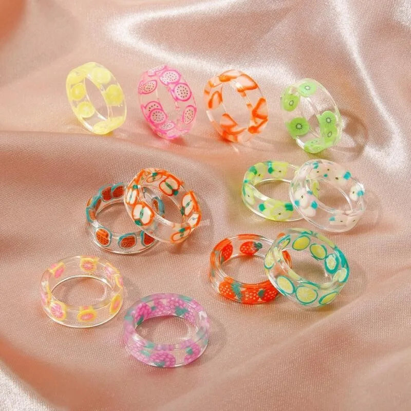 Summer Fashion Transparent Acrylic Rings Colorful Fashion Sweet Resin Fruit Ring for Women Party Jewelry Friends Gift