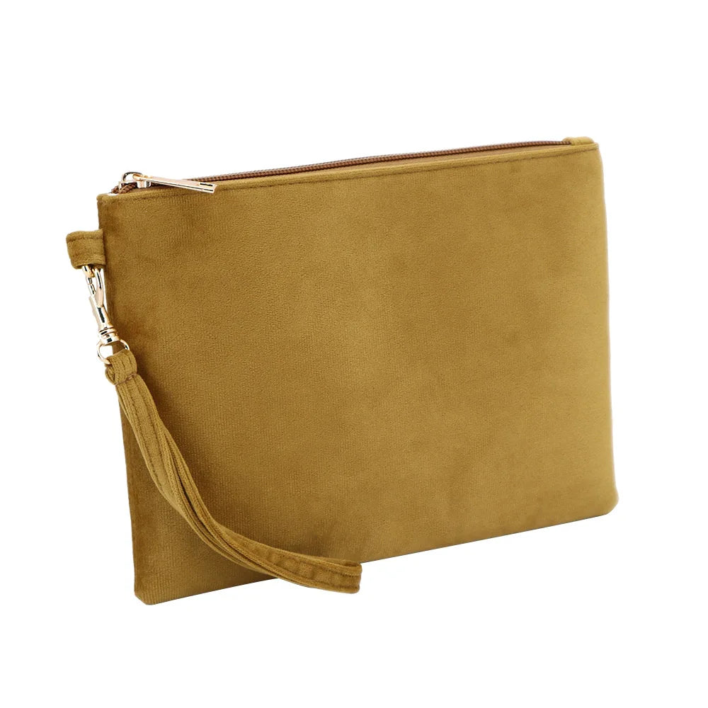 Classic Style Custom Pantone Color Velvet Suede Clutch Makeup Beauty Pouch with Long Handle Strap for Lady
