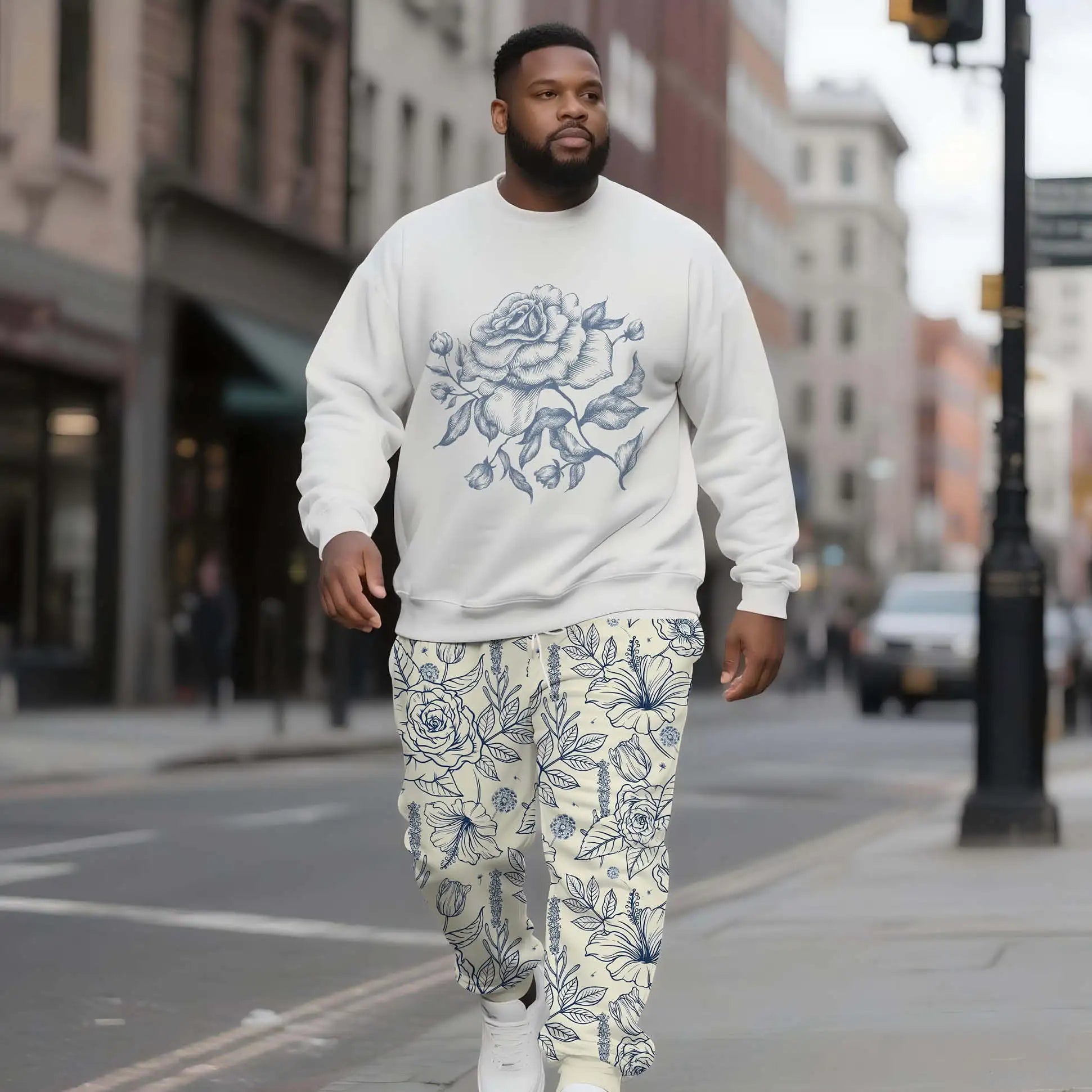 Men's Plus Size Crew Neck Sweatshirt Set Floral Print Winter Knitted Custom Logo Simple Casual Trendy Wholesale Manufacturer
