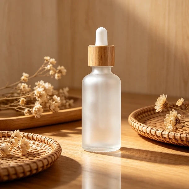 50ml Frosted Glass Oil Bottle Bamboo Dropper Bottle with Matte White Bulb and clear Glass Pipette