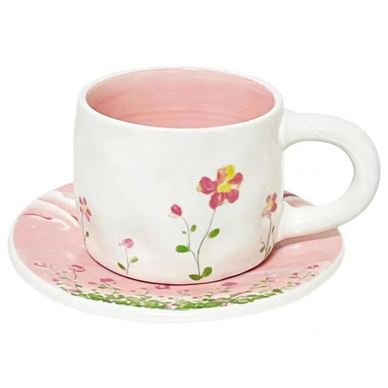 Solhui INS pink Flower Ceramic Coffee Cup Set Afternoon Tea Mug and Plate