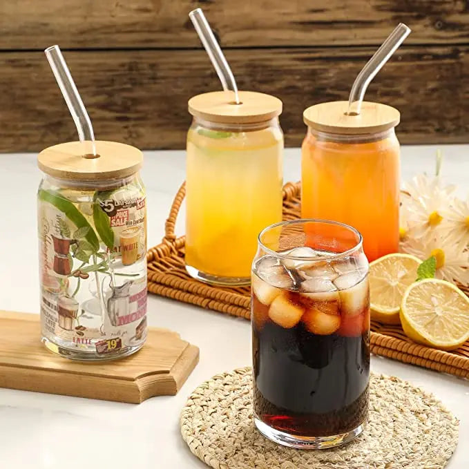 Wholesale Factory Direct 16oz Beer Mug High Borosilicate Glass Drink Ware Cups With Bamboo Lid and Glass Straw