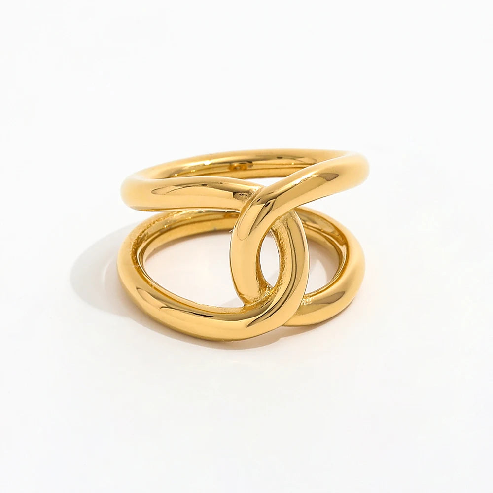 18K Gold Plated Double-Layer Knot Lines Stainless Steel Ring High End Trendy PVD Jewelry for Unisex Parties Eternity Rings