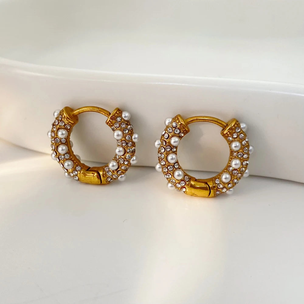 Fashionable INS Retro Titanium Steel Micro Inlaid Zircon Diamond Pearl Earrings Fashion Jewelry 2025