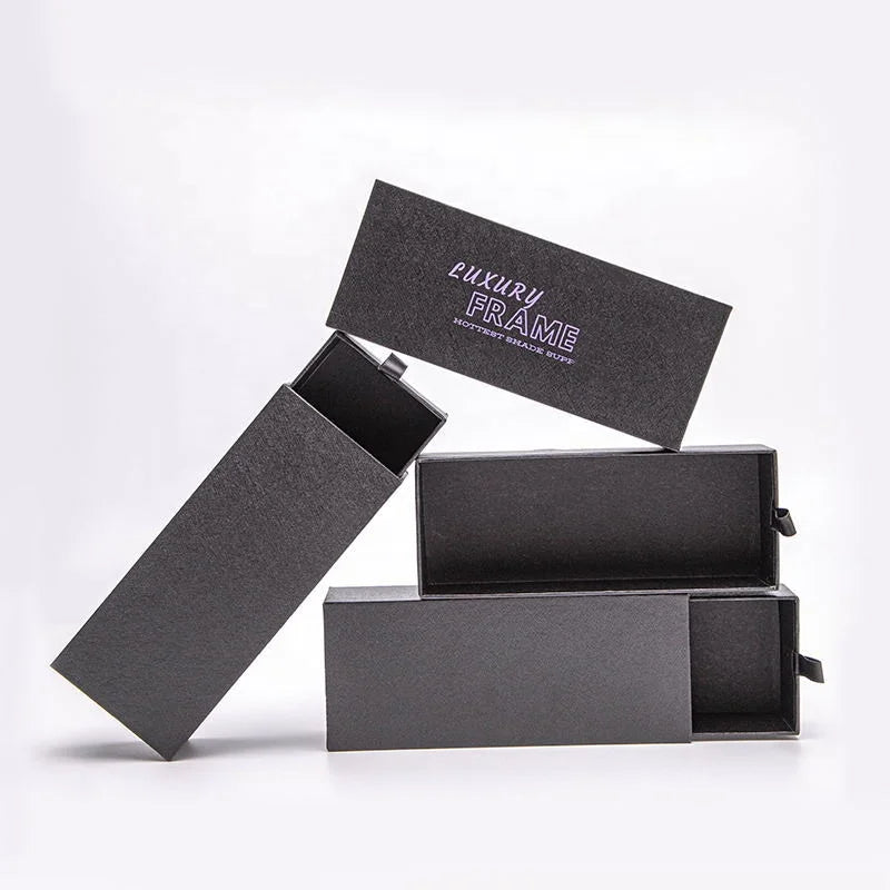 Customize Logo Slide Out Drawer Gift Glasses Case with Recycled Materials Matt Lamination & Embossing Black Cardboard Paper Box