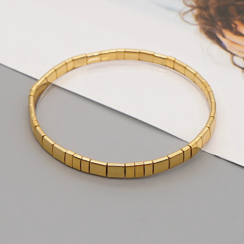Go2Boho Handmade Gold Plated Beads Bracelets Miyuki Tila Beads Elastic Bracelets for Women and Men