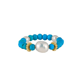 RINNTIN MPR01 Unique Design Adjustable Blue Turquoise Rings Gold Plated 925 Silver Charms Accessories Nature Pearl Stretch Ring