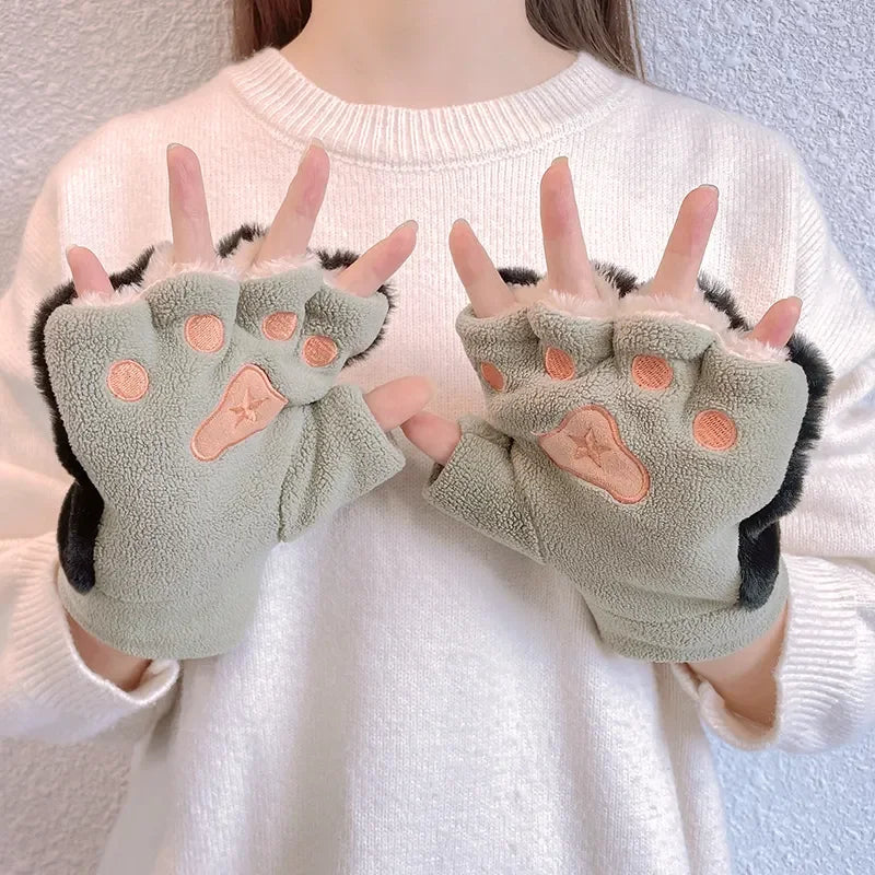 Wholesale Cute Cat Paw Winter Warm Half Finger Gloves for Girls