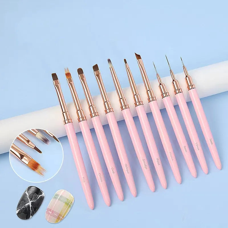 10pcs/set Metal Handle pink Color Drawing French Ombre Nail Brush Flat Gel Nail Painting Gel Nail Brush