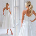 11991#Spaghetti Straps Simple V Neck Bohemian Backless A-Line Wedding Dress Tea Length Soft Satin Wedding Dress Bridal Gown