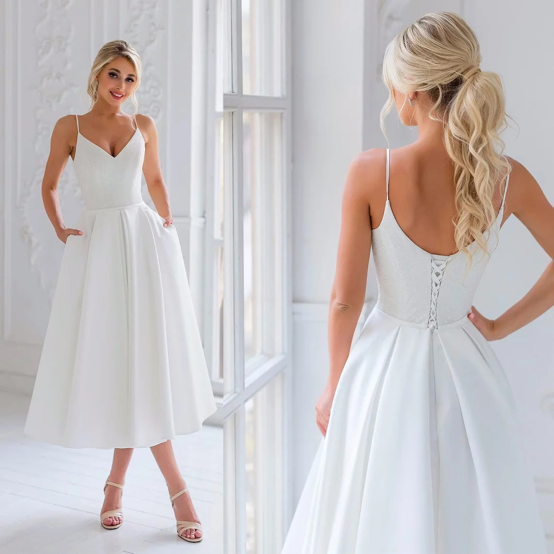 11991#Spaghetti Straps Simple V Neck Bohemian Backless A-Line Wedding Dress Tea Length Soft Satin Wedding Dress Bridal Gown