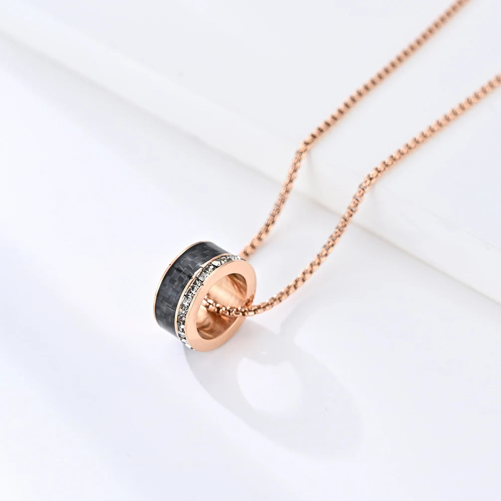 Luxury Men's Stainless Steel Annulus Carbon Fiber Pendant Necklace Black Rose Gold Plated Zircon Inlay Link for Anniversary