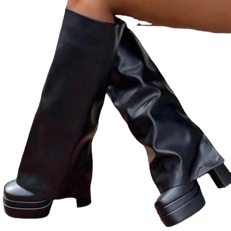 Wide Fit Winter Height Increasing Zip Women High Chunky Heel Knee High Boots Fold Over Round Toe Slip on Long Booties