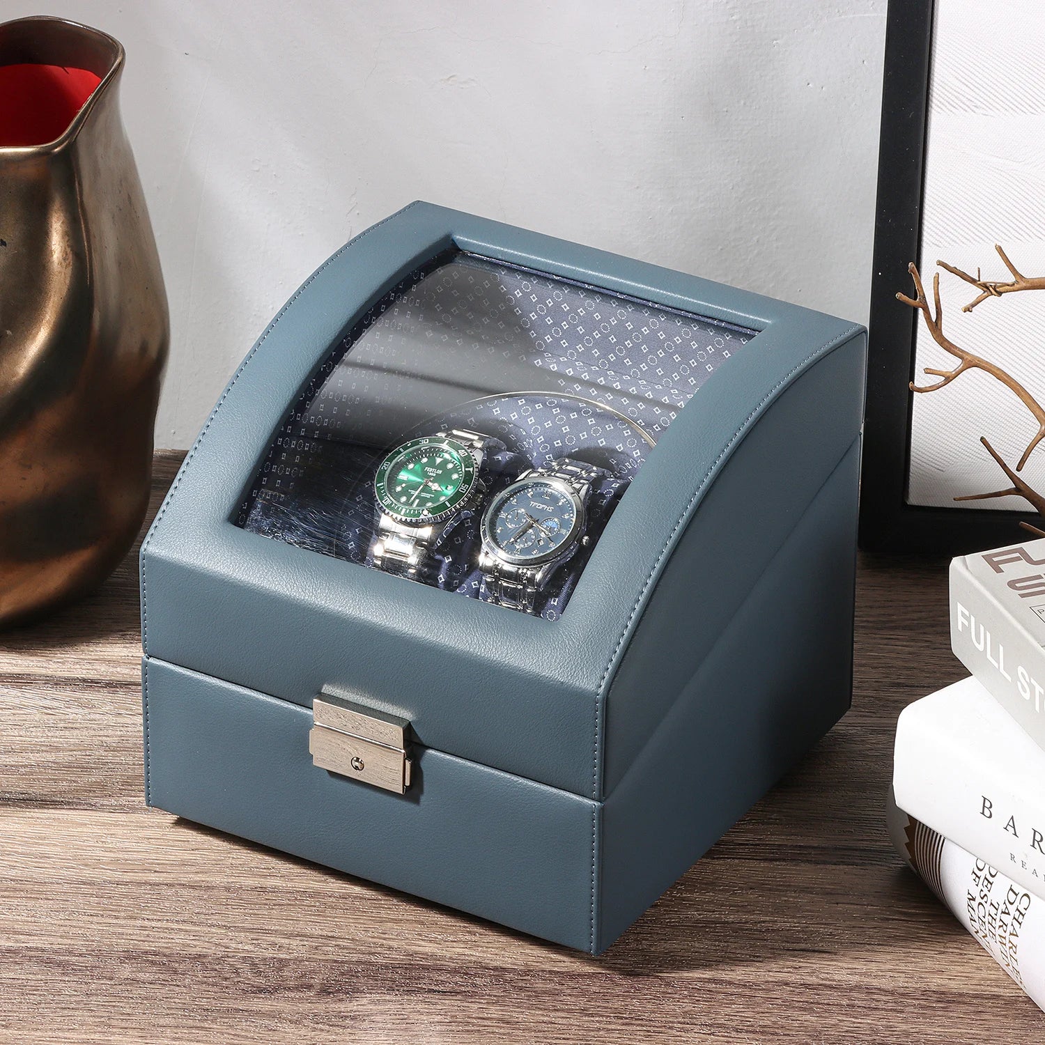 2-Slot Watch Winder Box with Clear PC Lid | PU Leather Velvet Lined | Quiet Auto Rotation OEM/ODM