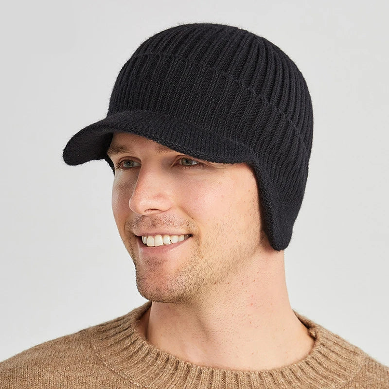 Hot Selling Mens Peaked Beanie Winter Ski Hat Ear Warm Knitted Baseball Caps