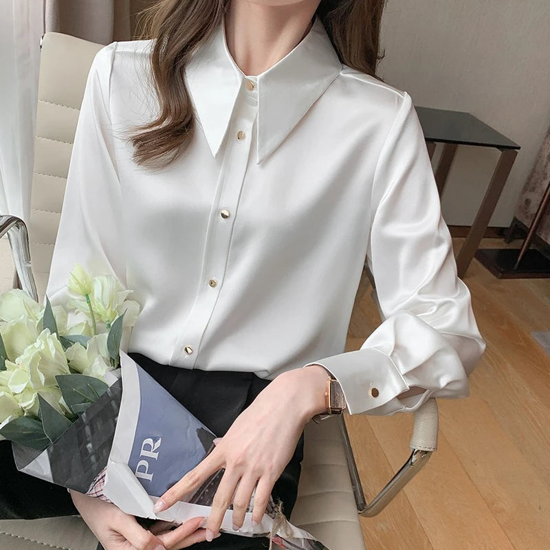 8326# Shirts Women Satin Blouse for Women Long Sleeve Shirts Office Lady Khaki Shirt Woman Solid Blouse Tops