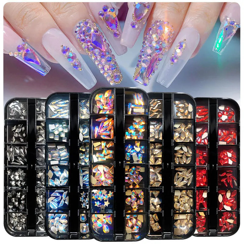 Hot-selling 12-compartment Set Boxed Flat-bottomed Special-shaped Colored Plastic 3D Rhinestone Nail Art Jewelry