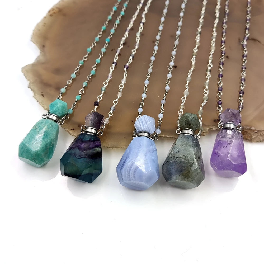 Genuine Natural Quartz Gemstone Diffuser Necklace Silver Handmade Rosary Beads Chain with Crystal Classic Style Healing Jewelry