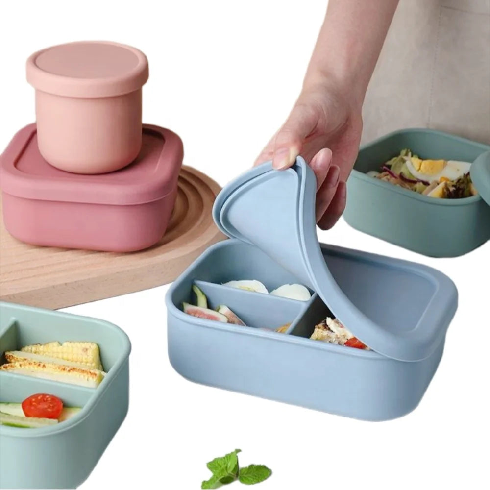 Ready to Ship Food Grade Silicone Food Storage Container Portable Three Grid Lunch Box With Silicon Lid