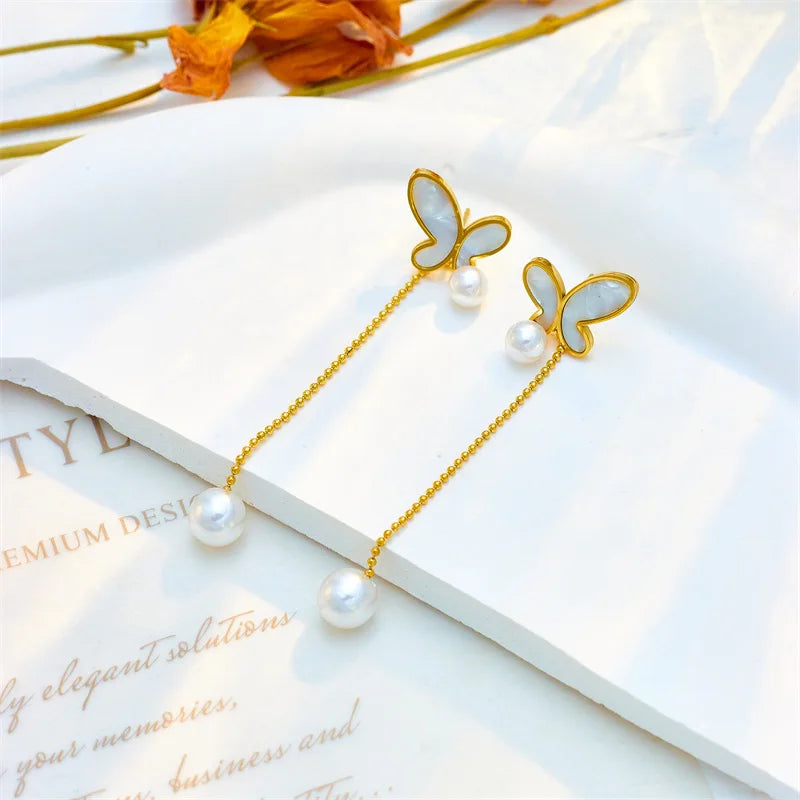 Tarnish Free 316L Stainless Steel Butterfly Earrings 18k Pvd Gold Plated Pearl Long Tassel Earrings for Women Jewelry