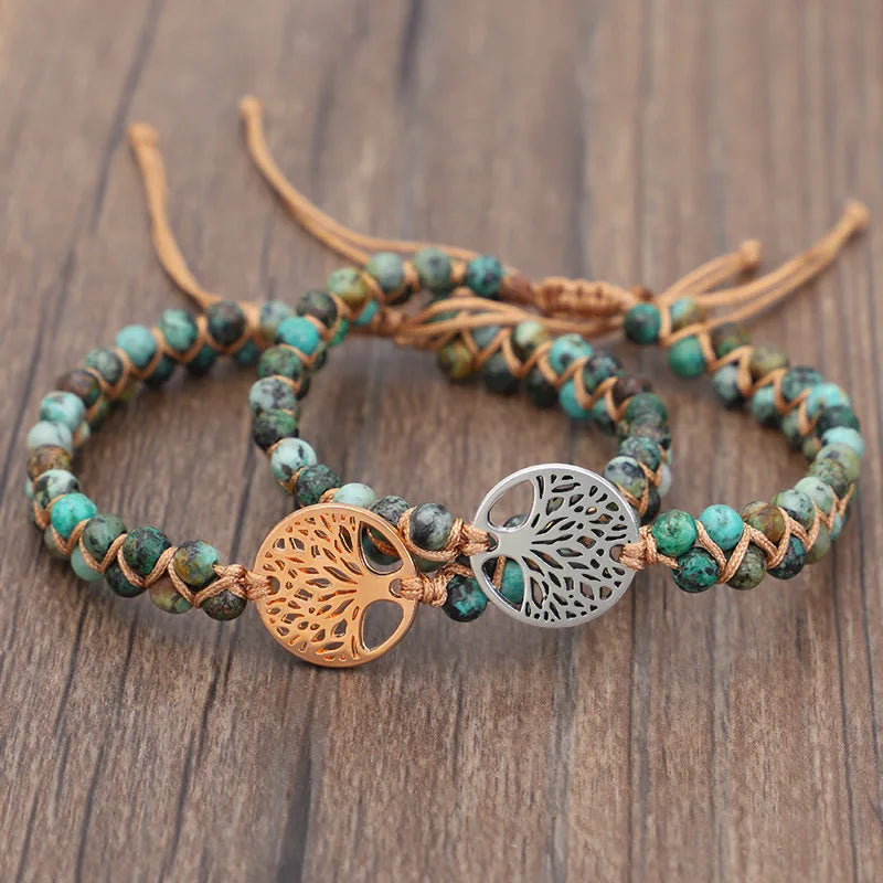 Vintage Stainless Steel Tree of Life Yoga Beaded Bracelet Handwoven Double-Layer African Turquoise Wrap Bracelet