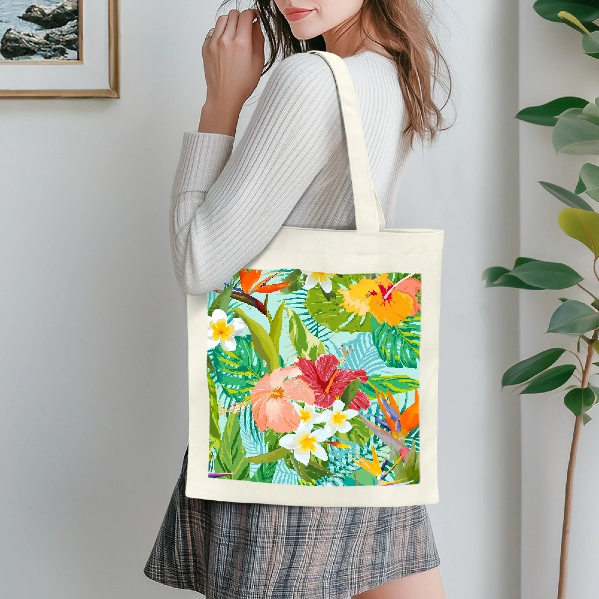 Beautiful Hawaiian Flower Pattern Eco-friendly Travel Cloth Beach Canvas Tote Bags Cotton Lightweight Washable Customizable