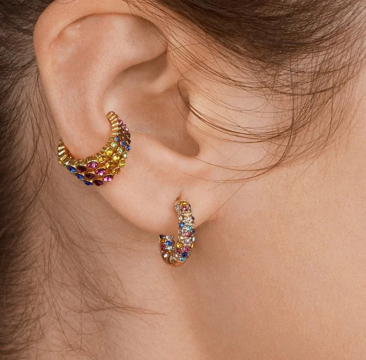 New Fashion Gold Jewelry Rhinestone Hoop Earrings With Alloy C-word Multi-layer Color Drilling No Hole Clip Earrings Women