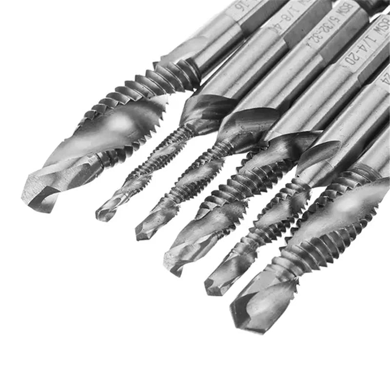 6Pcs 1/8-3/8 Inch BSW Screw Tap Drill Bits Thread HSS Combination Taps Countersink Deburr Set 1/4 Inch Quick Change Hex