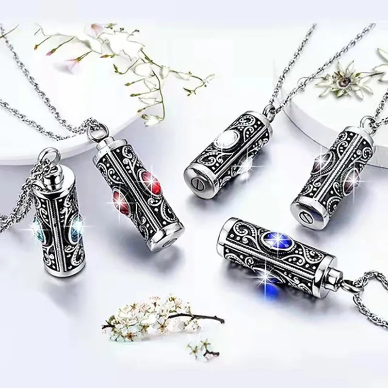 Crystal Cremation Urn Necklace Stainless Steel Cylinder Pet Ashes Keepsake Jewelry