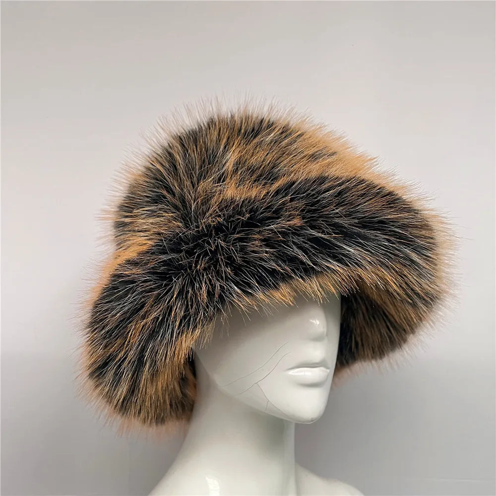 Women's Fashion Winter Bucket Hat Casual Rainbow Faux Fox Fur Basin for Daily Fishing Skiing & Cycling Party Festival Accessory