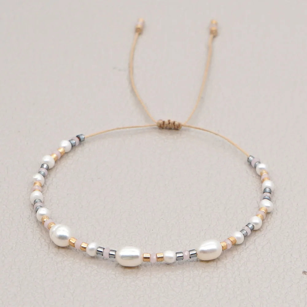 Go2Boho White Faux Pearl Bracelet Colorful Miyuki Seed Beads Adjustable Simple Bracelet for Women Girls Fashion Jewelry