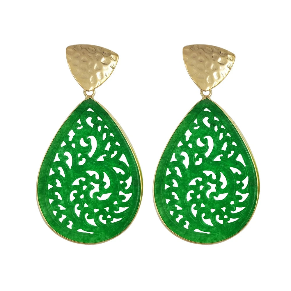 2026 Popular Design Green Jade Slice Stone Leaf Oval Shape Earrings Plated 18k Gold Earrings Drop Women Fashion Engraved Jewelry