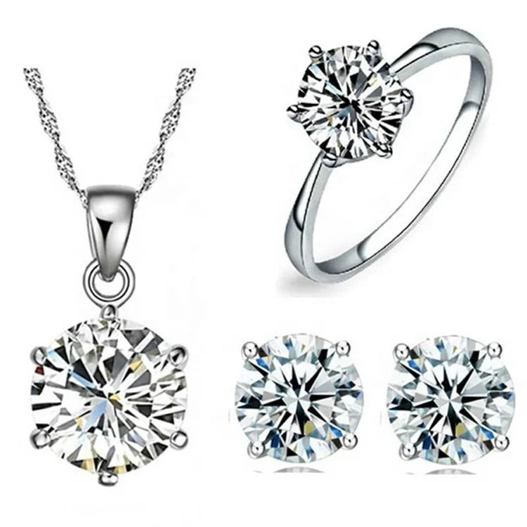 Classic Style Copper Jewelry Sets for Women Cubic Zirconia Necklace Ring & Stud Earrings for Wedding & Party