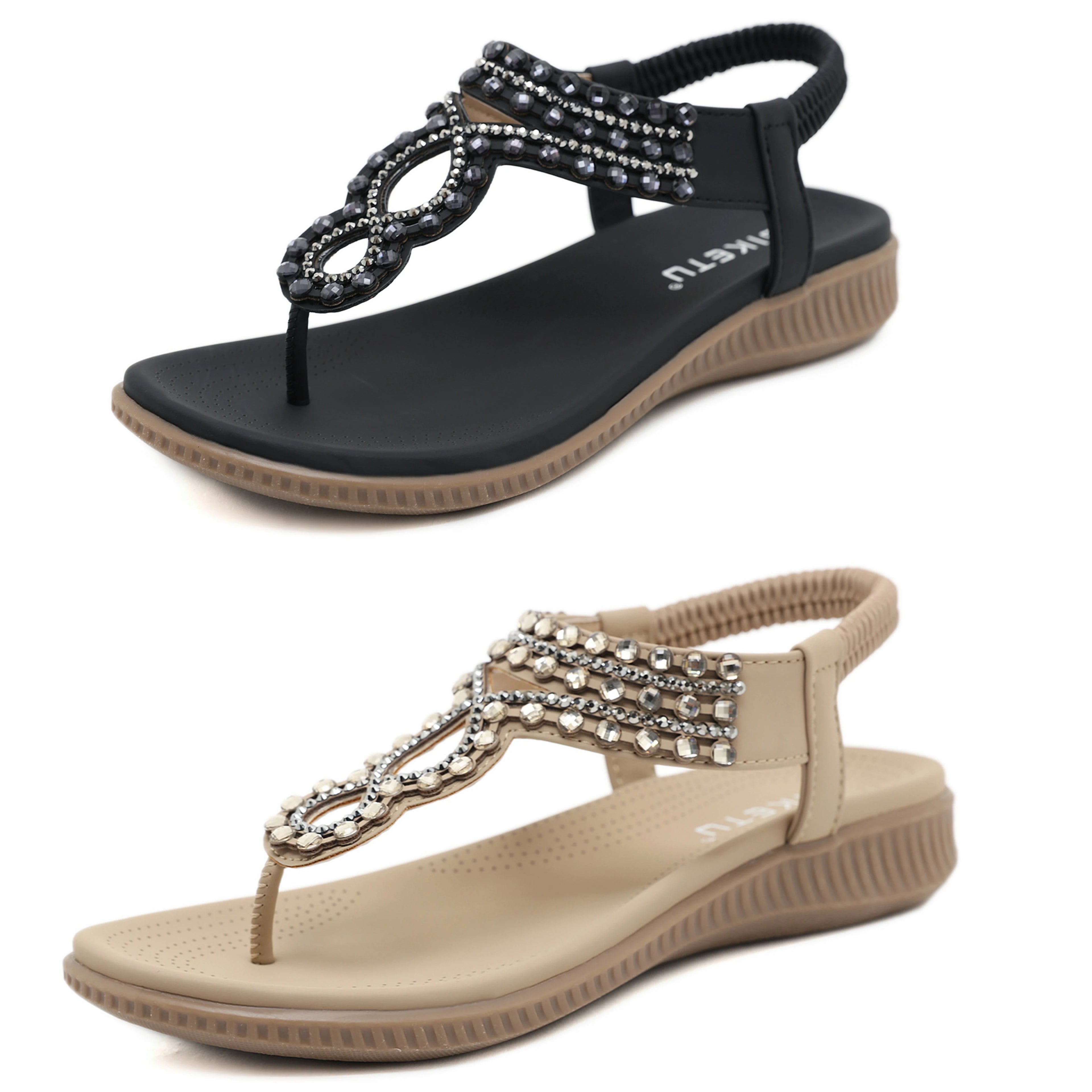 Women's Trendy Fashion Sandals with Rhinestone Comfortable Flat Toe Shoes Large Size for Seaside Holiday Strap Closure