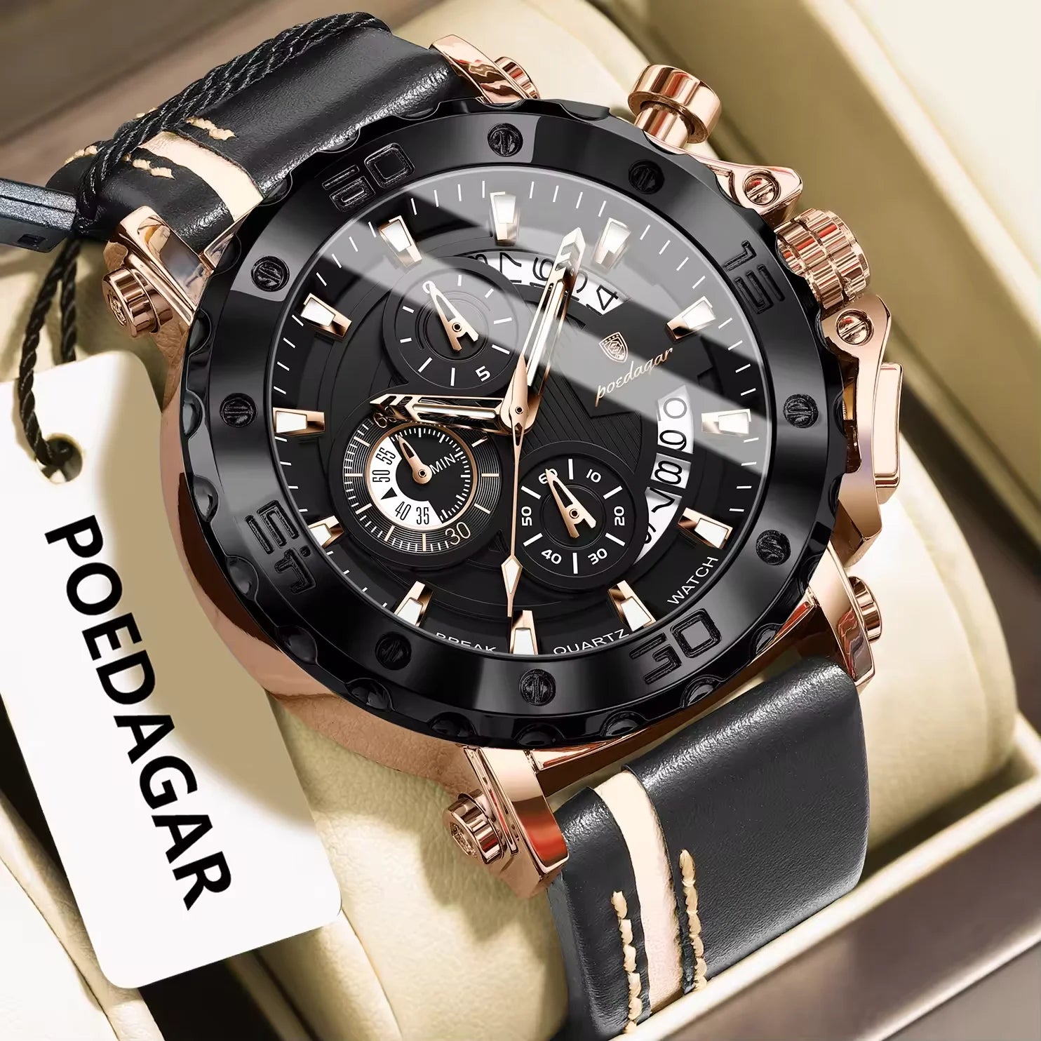 POEDAGAR 892 Men Watches Quartz Sports Chronograph Watches Relogio Masculino Leather Strap Band Quartz Wrist Watches for Men