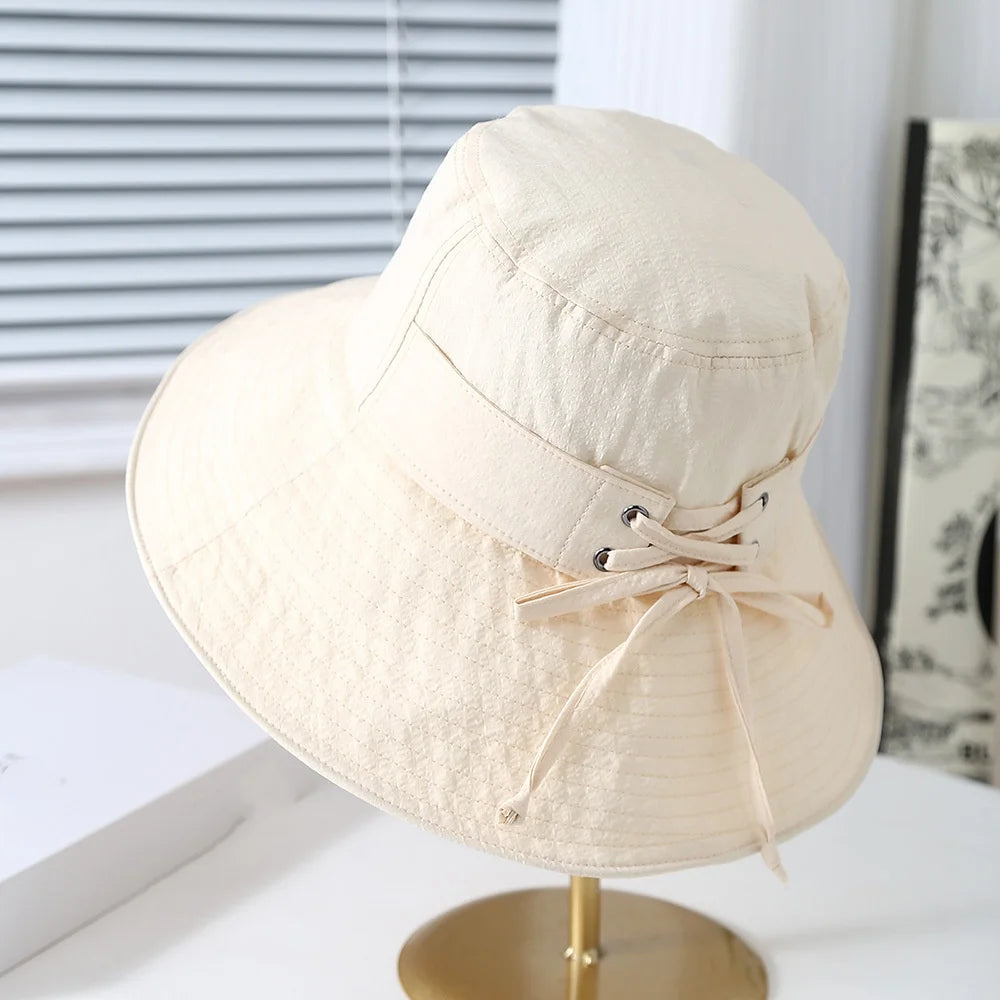 2025 Spring Summer New Solid Color Simple Wide Brim Bucket Hat Women Breathable Bow Design Travel Sunshade Hat