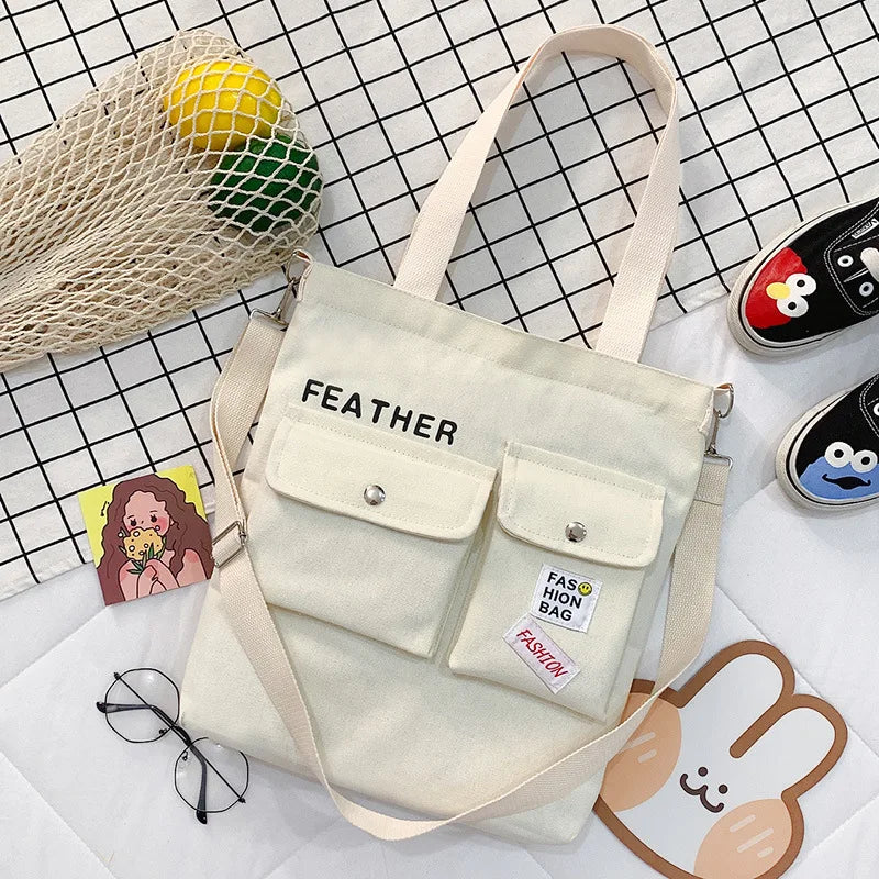 Women's Custom Logo Cotton Handle Canvas Crossbody and Handheld Tote Single Shoulder Shopping Bag for Daily Use College Use