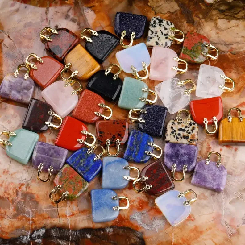 Natural Crystal Bag Pendant Gold Silver Chain Necklace Rose Quartz Healing Reiki Stone Charm Handbag Gemstone Decoration Gift