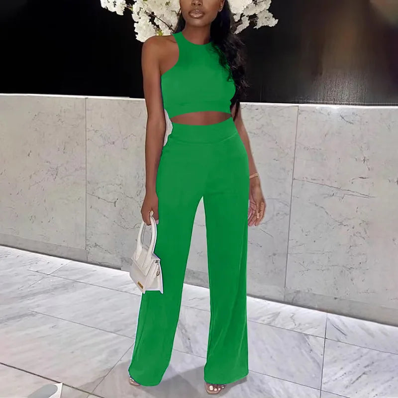 Summer Pants Set Solid Color Temperament Commuter Sleeveless Vest Long Pants Fashion Casual Two-piece Set