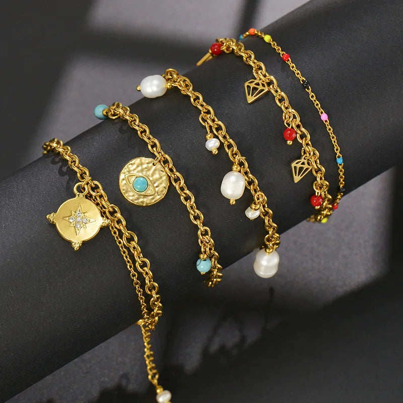 Ins Popular 18K Gold Plated Natural Stone Insert Stainless Steel Bangles Multi-colors for Wearing