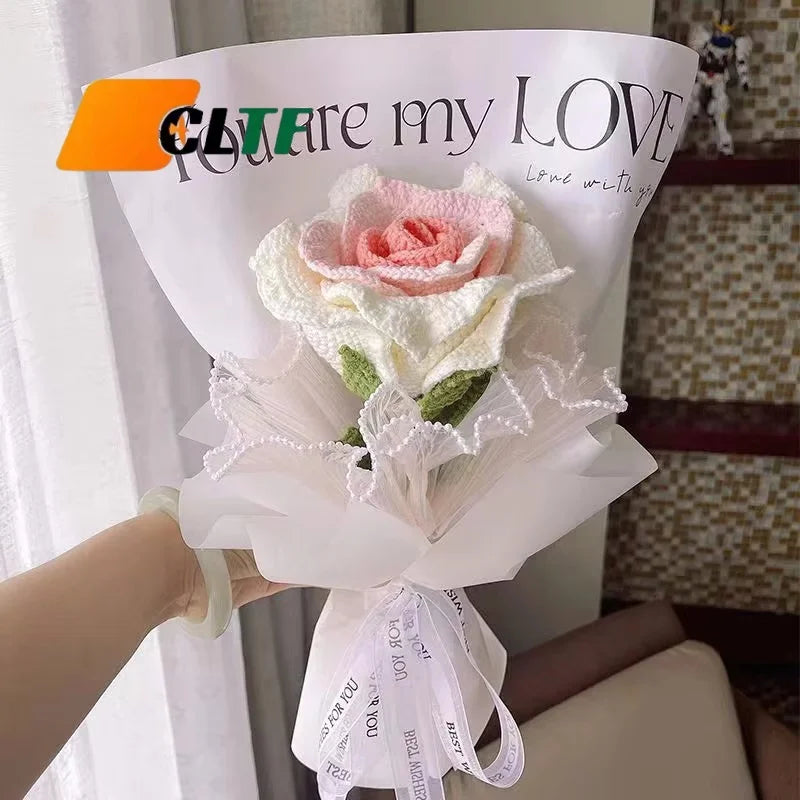 Artificial Crochet Knitted Flower Handmade Crochet Rose Flower with Leaf for Bouquet Mothers Valentines Day Gift 2025