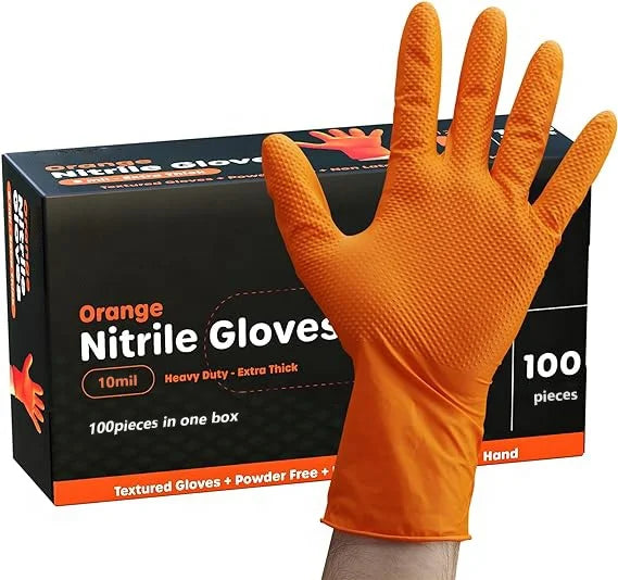 10mil 12mil Industrial Orange Black Full Textured Nitrile Diamond Gloves Heavy Duty Single Use Mechanics Mechanical Work Gloves