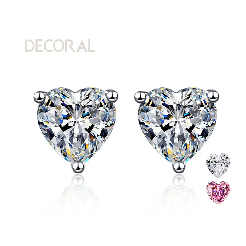 Factory Wholesale 925 Sterling Silver Women's Fashion Stud Earrings 1CT 2CT Heart Cut Moissanite Stud Earrings