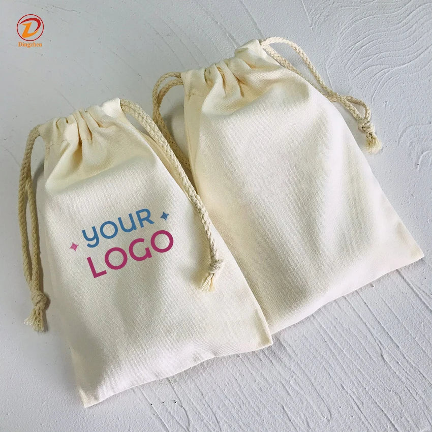 Customized logo Linen Canvas Gift Drawstring Dust Pouch Drawstring Bags 100% Cotton Drawstring Storage Bag with Double String